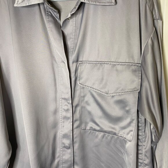 ZARA Satin Effect Snap Front Oversized Shacket Silver Long Sleeve Pocket Shirt S - Picture 7 of 8